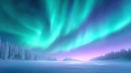 Bright colors of the northern lights dance across the night sky over a tranquil frozen lake. Snow-covered trees surround the scene, creating a peaceful winter wonderland