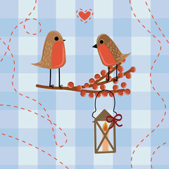 Cute cartoon illustration of two birds perched on a branch with red berries. A lantern hangs below, creating a cozy and festive atmosphere. Perfect for holiday or nature-themed designs