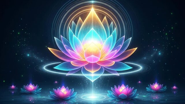 A mesmerizing digital illustration of a vibrant lotus flower, radiating light and energy, set against a dark, cosmic backdrop filled with stars and glowing particles ai generated vedio