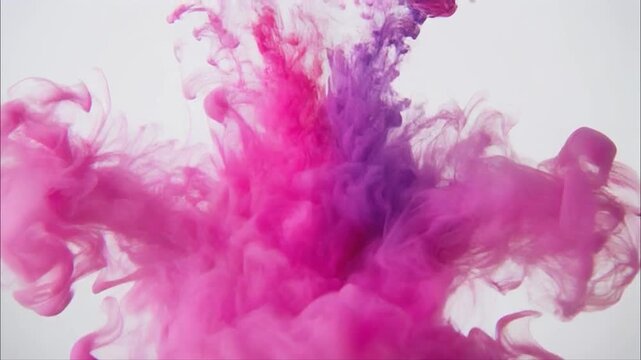 Abstract fusion of vibrant pink and purple ink dissolving in water, creating a colorful and dynamic fluid motion background effect