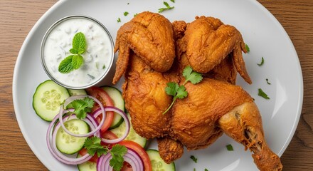 Delicious fried chicken served with fresh salad and yogurt dip on a plate