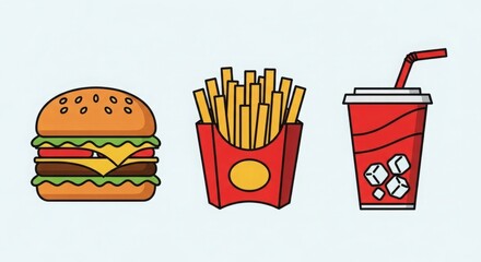 Fast food meal with burger, french fries and soda isolated on white background