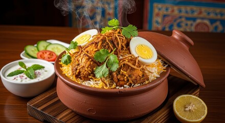 Delicious chicken biryani served in a clay pot with lemon and fresh salad