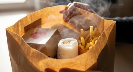 Hot takeout food in a paper bag with steam rising from the contents