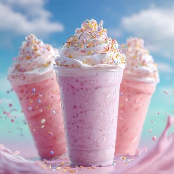 Tres batidos rosas con nata montada y confeti, en un ambiente vibrante y juguet&oacute;n.