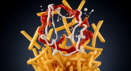 French fries with ketchup and mayonnaise splash in the air on dark background