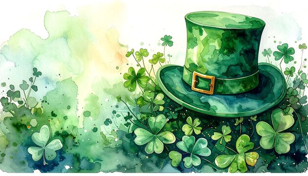 Watercolor St. Patrick's Day with hat and clovers