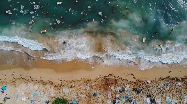 Aerial view of a beach covered in plastic waste and trash, showcasing the devastating impact of pollution on our oceans and coastal ecosystems