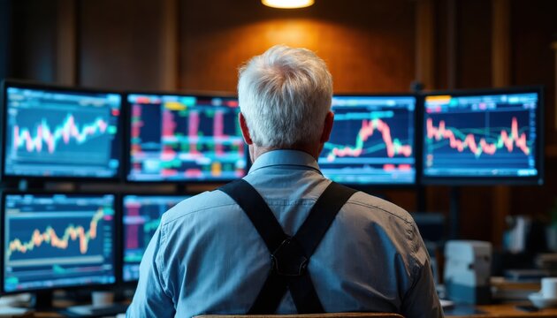Mature Man Focused on Stock Market Data Displayed on Multiple Monitors
