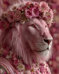 majestic pink lion wearing flower wreath