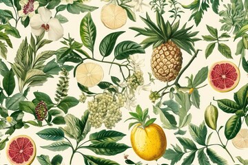 Obraz premium Modern Tropical Botanical Pattern with Herbs and Juicy Fruits