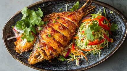 Crispy Fried Whole Fish with Sweet Chili Sauce and Thai Herb Salad (Yum Pla).