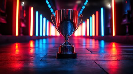 Metallic trophy in neon-lit tunnel