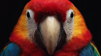 Close-up vibrant red, orange, and yellow parrot portrait with black background, tropical bird looking directly at camera, detailed feathers.