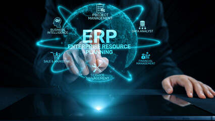ERP platform visual showing centralized system for enterprise resource planning, improving integration, data flow, business efficiency, finance, inventory, and human resources. Elide