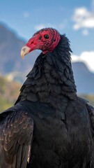 Vulture portrait against mountains