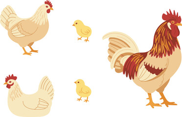 Cartoon rooster and hens, baby chicks, farm animals, poultry family, rural life, barnyard scene, cute vector art, agricultural illustration