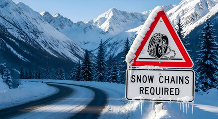 Scenic Winter Mountain Road With Required Snow Chains Sign Cautioning Travelers