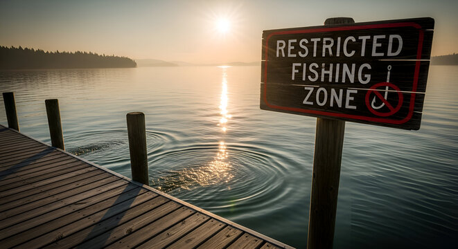 Scenic View of a Restricted Fishing Zone Sign at Sunset Over a Tranquil Lake