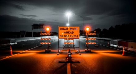 Road Work Ahead Sign Illuminated At Dusk With Safety Barriers On A Dark Road