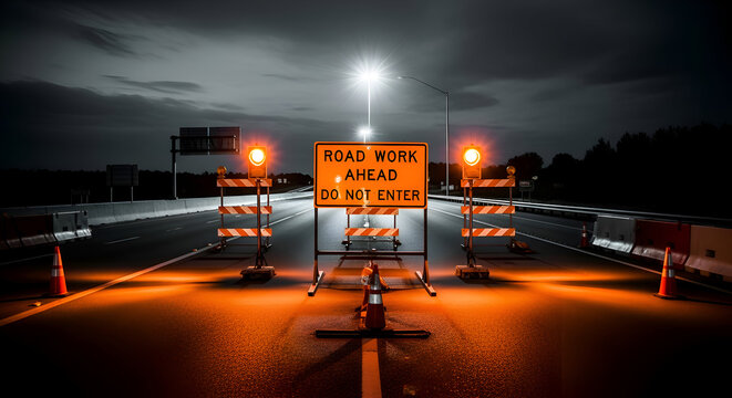 Road Work Ahead Sign Illuminated At Dusk With Safety Barriers On A Dark Road