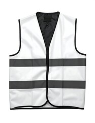 Safety vest on white backdrop with reflective stripes and dark trim