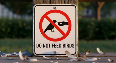 Sign Discourages Feeding Birds, Depicting Harmful Behavior, With Feathered Elements Alluring