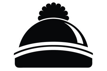 Minimalist black winter hat icon shows warm fashion with a fluffy pompom