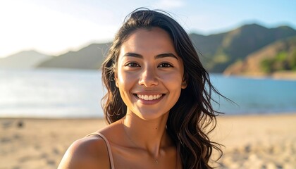 Woman smiles at beach