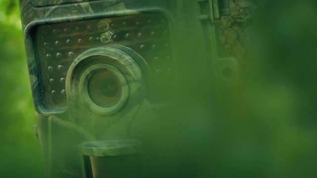 Trail Camera Seen Through The Foliage Closeup