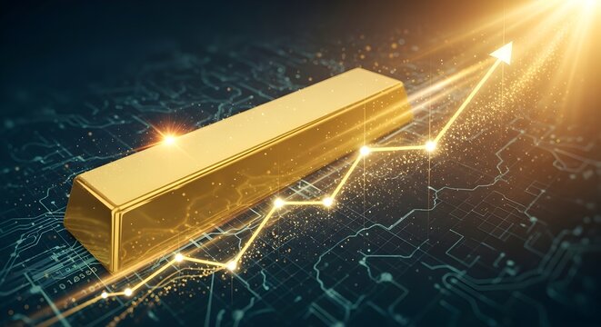 Shiny gold bar on financial graph data showing upward trend and economic growth illuminated by golden light