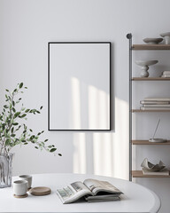 Naklejka na ściany i meble Modern Living Room Poster Frame Mockup with Natural Light and Minimalist Decoration. 3D render.