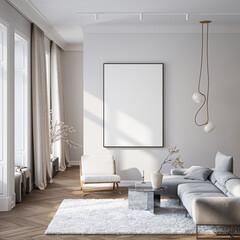 Naklejka na ściany i meble Modern Living Room Poster Frame Mockup with Natural Light and Minimalist Decoration. 3D render.