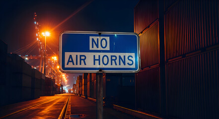 Signage Advising Against Air Horns in Industrial Zone Illuminated at Dusk