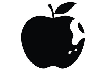 Silhouette shows a bitten apple with a leaf, a simple minimalist fruit