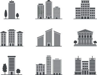 Fototapeta premium Collection of stylized building icons representing urban architecture