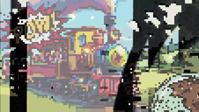 Pixelated Train Animation with Retro Glitch Art Effect and Comic Book Style Elements