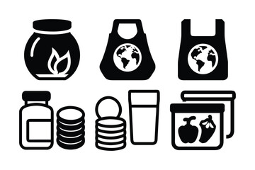 Diverse Icon Set Representing Sustainability, Food Storage, and Eco Consciousness in Black and White