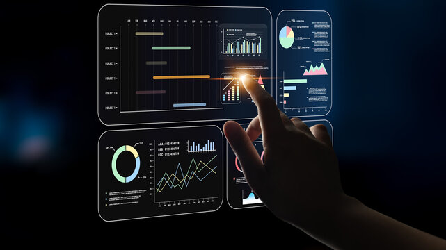 A project management dashboard with business performance analytics. A visualization of project timelines, KPIs, and company data for strategic review. Motif - Powered by Adobe