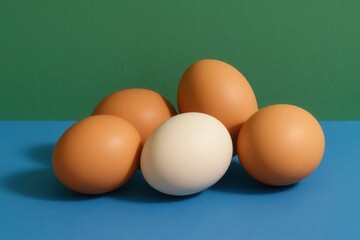 a quartet of brown eggs with a single white egg nestled on a vibrant blue surface, symbolizing the diversity and unity within nature's bounty
