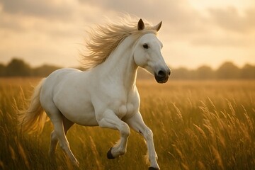 Fototapeta premium A lone white horse gallops through a field of golden grass under the warm glow of a setting sun