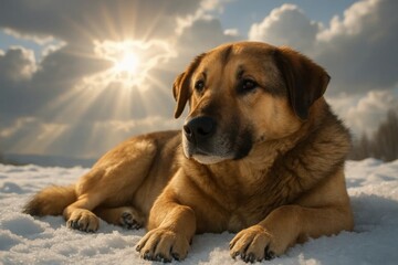 A Golden Retriever Enjoys a Peaceful Winter Day Under the Radiant Sun