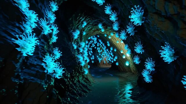 Ai generative Enchanting journey through a glowing cave with bioluminescent life, imagine exploration, adventure, and the wonders of nature's hidden beauty