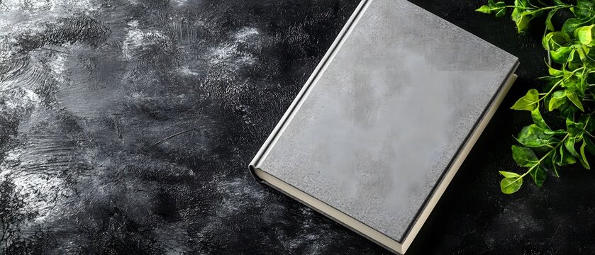 Elegant hardcover book mockup with green plant on dark textured background.