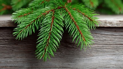 Naklejka premium Green pine tree branch is on a wooden surface. The branch is full of green leaves and has a reddish brown tip