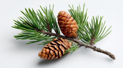 Two pine cones are on a branch. The pine cones are brown and have a pine scent. The branch is green and has a few leaves