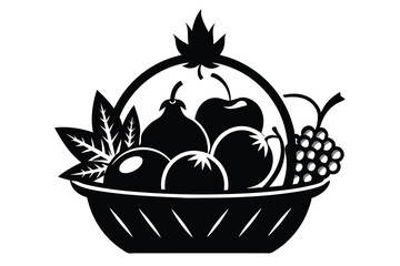 Black outlined basket with assorted fruit and leaves evokes a harvest time image
