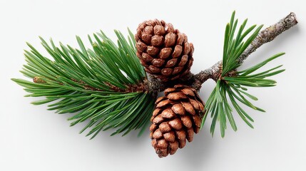 Fototapeta premium Two pine cones are on a branch. The pine cones are brown and have a pine scent. The branch is green and has a natural, earthy feel