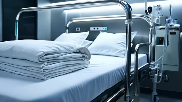 modern hospital bed, white sheets neatly folded, stainless steel railings reflecting soft fluorescent lights, medical monitor beside bed glowing faintly, sterile atmosphere, cinematic 8K, shallow dep