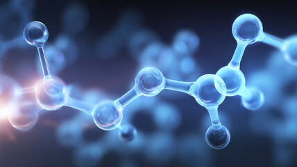 Polymeric chain model linking repeating units to show chemical architecture and flexibility, representing synthesis, function, and the behavior of macromolecules.
